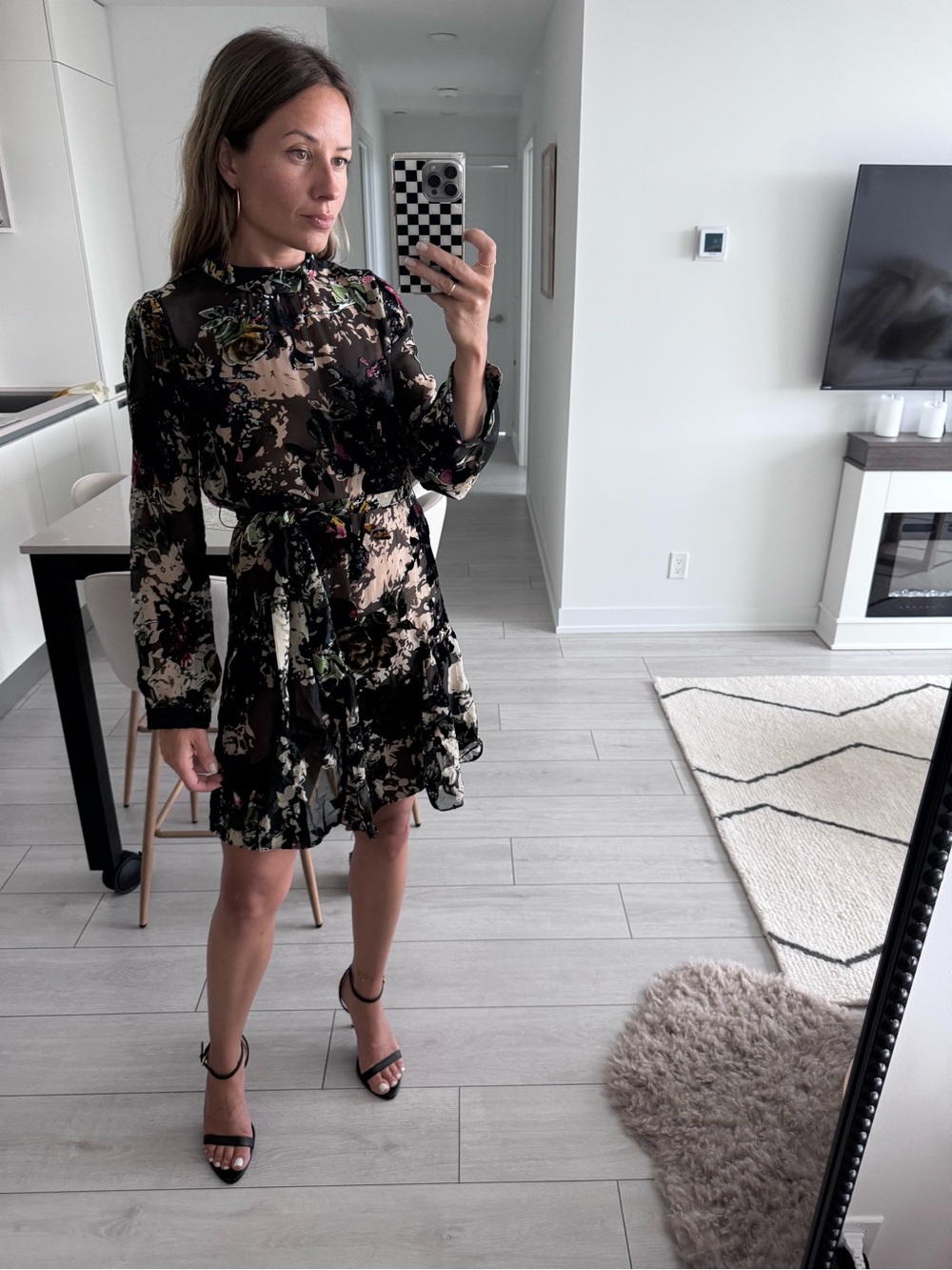 Reiss Black Floral Sheer Tie-Waist Mini Dress